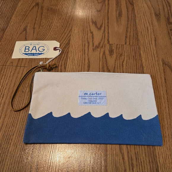 M. Carter Handbags - M. Carter Blue and Cream Wave Canvas Clutch Waves Wristlet Classic Zip Pouch NEW